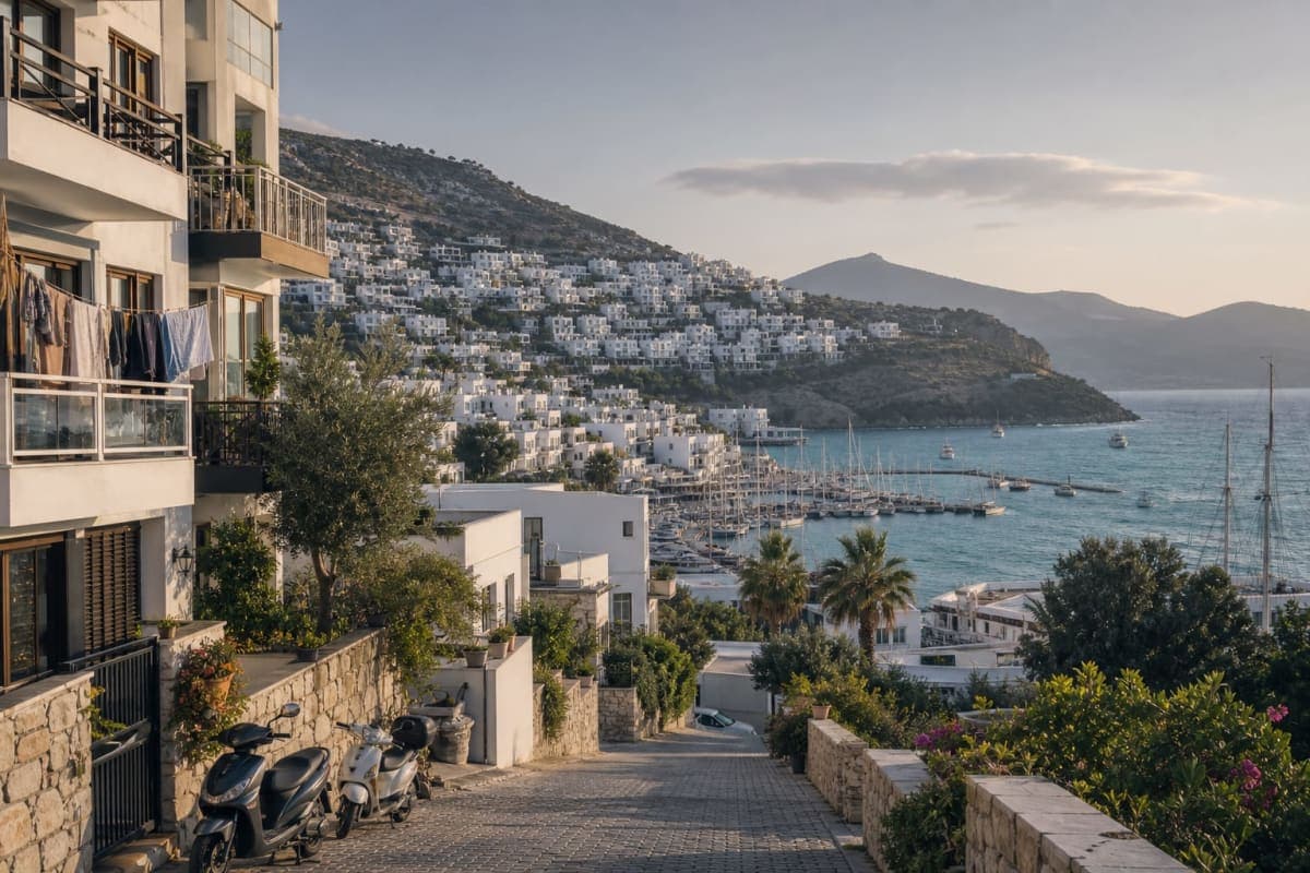 Ege Denizi kıyısında Bodrum marinası ve beyaz evlerin manzarası