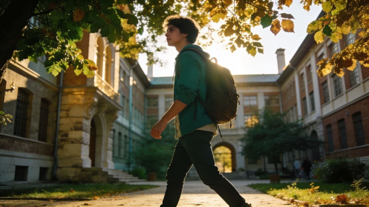Foreign student carrying document folder on university campus