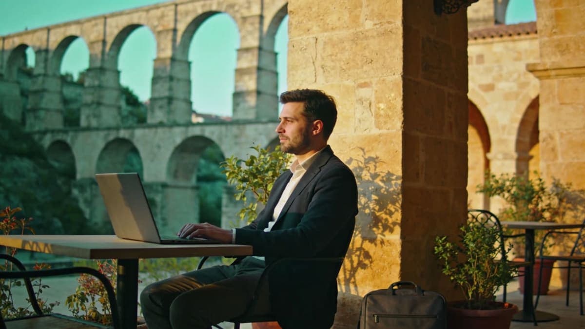 Digital nomad working remotely with laptop in Turkey